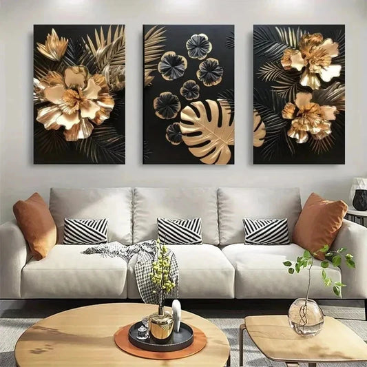3pcs Modern  Golden Leaf and Flower Wall Art Set Canvas Framed 40x60cm - High Quality Print 100% Australian Made Wall Canvas Ready to Hang