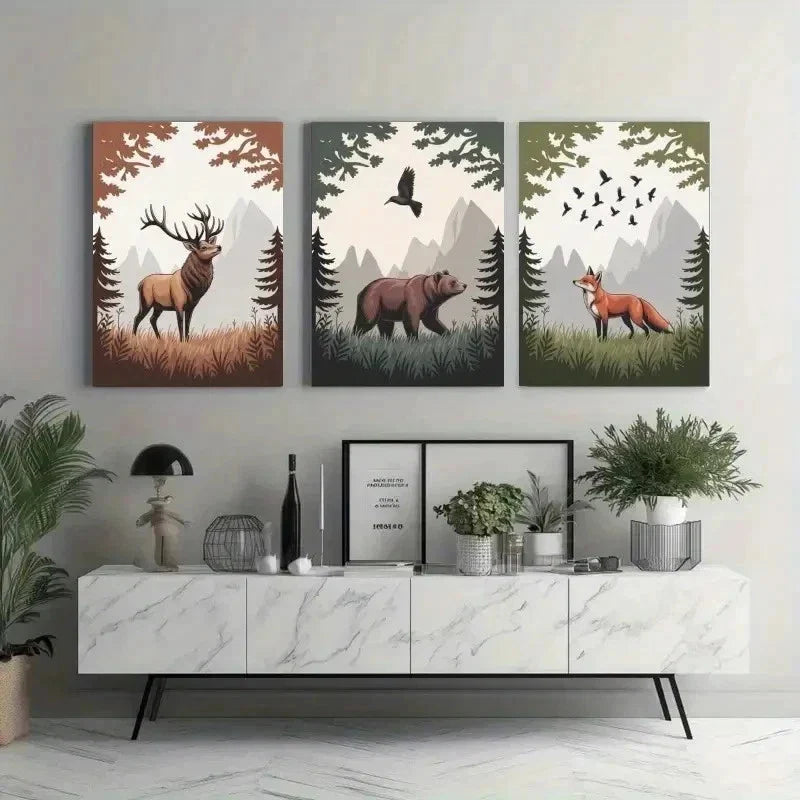 3pcs Deer, Bear, Fox, Pine Trees Wall Art Canvas Unframed - High Quality Print 100% Australian Made Wall Canvas
