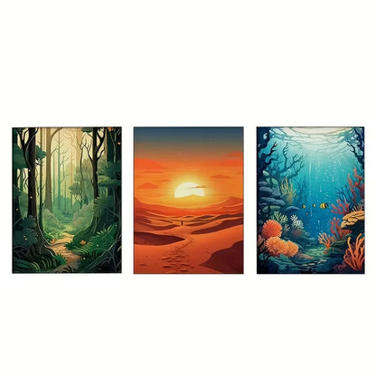 3pcs Nature Scenes: Jungle, Desert & Ocean  Wall Art Set Canvas Framed 60x90cm - High Quality Print 100% Australian Made Wall Canvas Ready to Hang