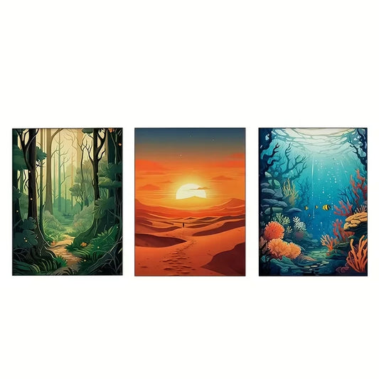 3pcs Nature Scenes: Jungle, Desert & Ocean  Wall Art Set Canvas Framed 60x90cm - High Quality Print 100% Australian Made Wall Canvas Ready to Hang