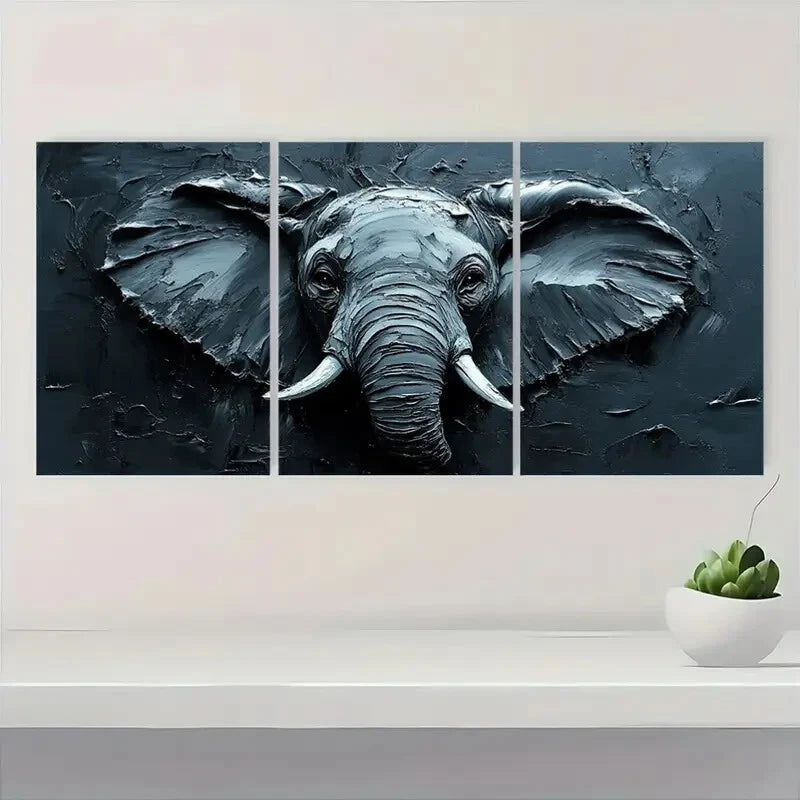 3pcs African Elephant Textured Grey Oil Impasto Metal Print Ready to Hang Art