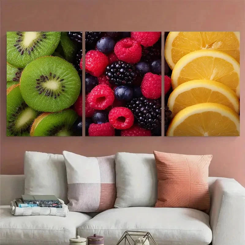3pcs Berries & Kiwi Tropical Fruits Illustration Wall Art Set Canvas Framed 50x70cm - High Quality Print 100% Australian Made Wall Canvas Ready to Hang