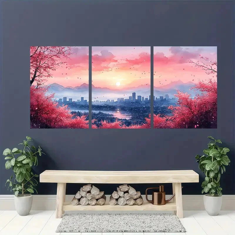 3pcs Cherry Blossom Cityscape Sunset Skyline Metal Print Ready to Hang Art