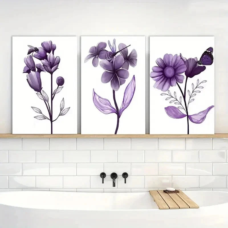 3pcs Transparent Floral with Butterfly Painting Metal Print Ready to Hang Art
