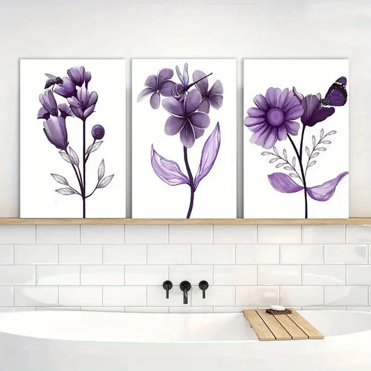 3pcs Transparent Floral with Butterfly Painting Metal Print Ready to Hang Art