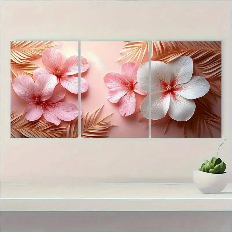 3pcs Pink & White Flowers with Golden Leaves Metal Print Ready to Hang Art