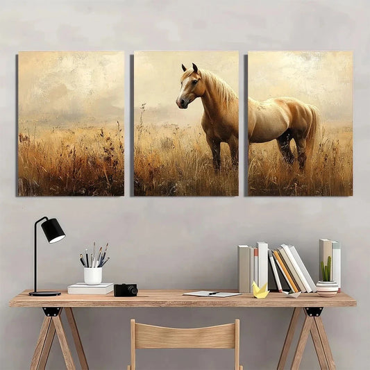 3pcs Brown Horse Tranquil Theme Metal Print Ready to Hang Art