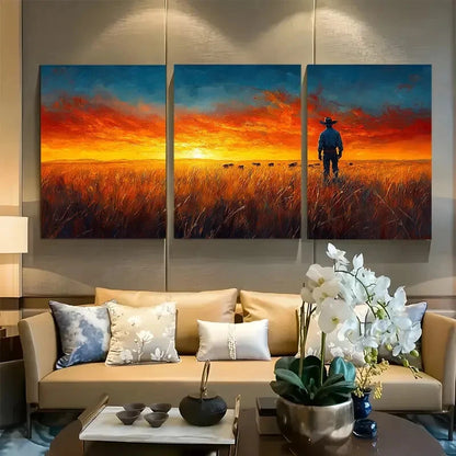 3pcs Cowboy Leading Cattle Across Golden Prairie Metal Print Ready to Hang Art