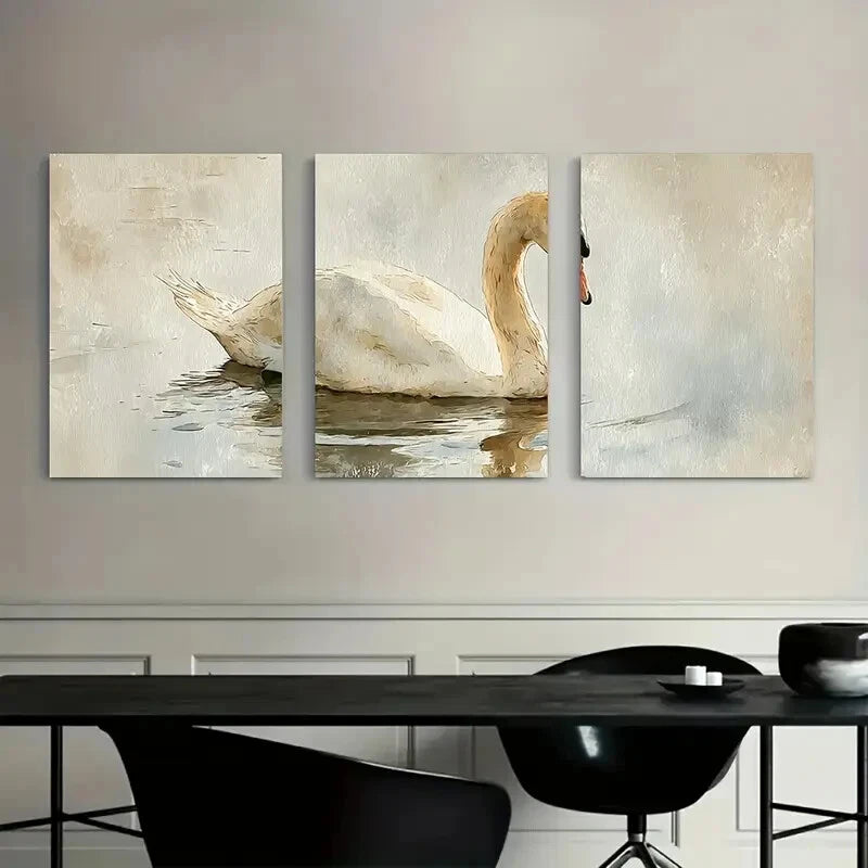 3pcs Elegant Swan Beige & Brown Tones Metal Print Ready to Hang Art