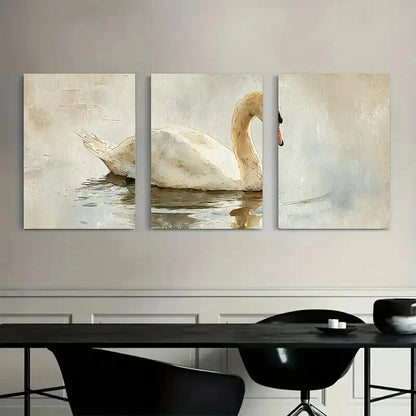 3pcs Elegant Swan Beige & Brown Tones Metal Print Ready to Hang Art