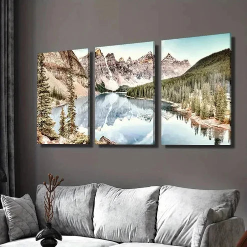 3pcs Serene Lake Mountain & Evergreen Trees Wall Art Set Canvas Unframed - High Quality Print 100% Australian Made Wall Canvas