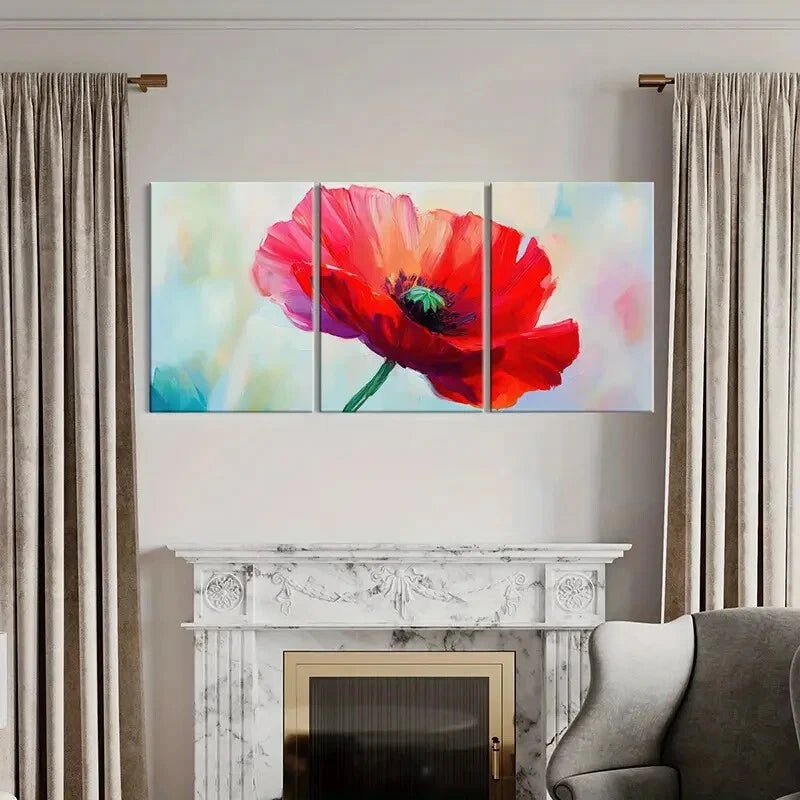 3pcs Vibrant Red Flower Art Abstract Floral Metal Print Ready to Hang Art