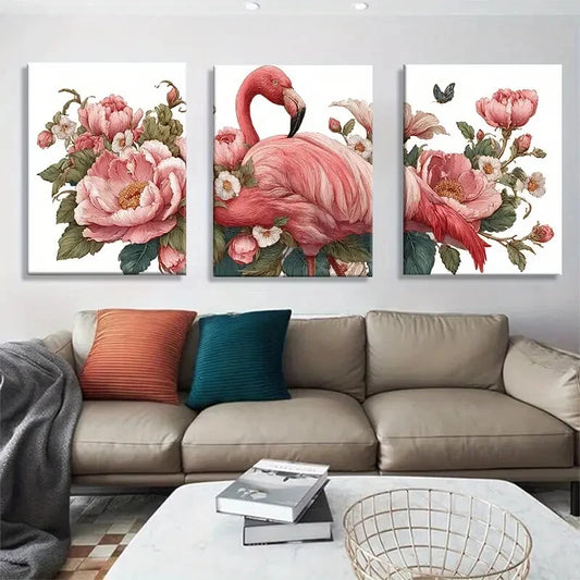 3pcs Flamingo and Peony Pink Floral Wall Art Metal Print Ready to Hang Art