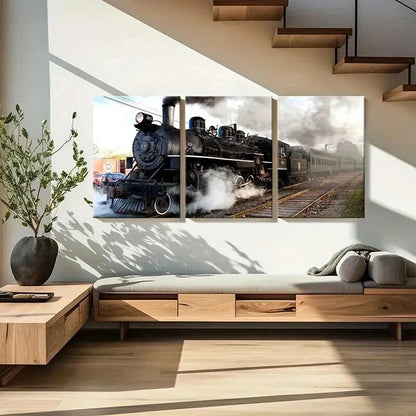 3pcs Retro Vintage Steam Train Vehicle Wall Art Set Canvas Framed 40x60cm - High Quality Print 100% Australian Made Wall Canvas Ready to Hang