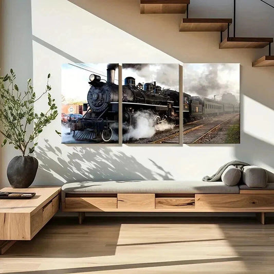 3pcs Retro Vintage Steam Train Vehicle Wall Art Set Canvas Framed 40x60cm - High Quality Print 100% Australian Made Wall Canvas Ready to Hang