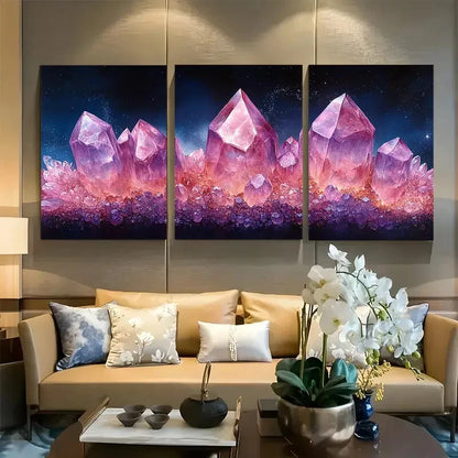 3pcs Whimsical Pink and Purple Crystal Metal Print Ready to Hang Art