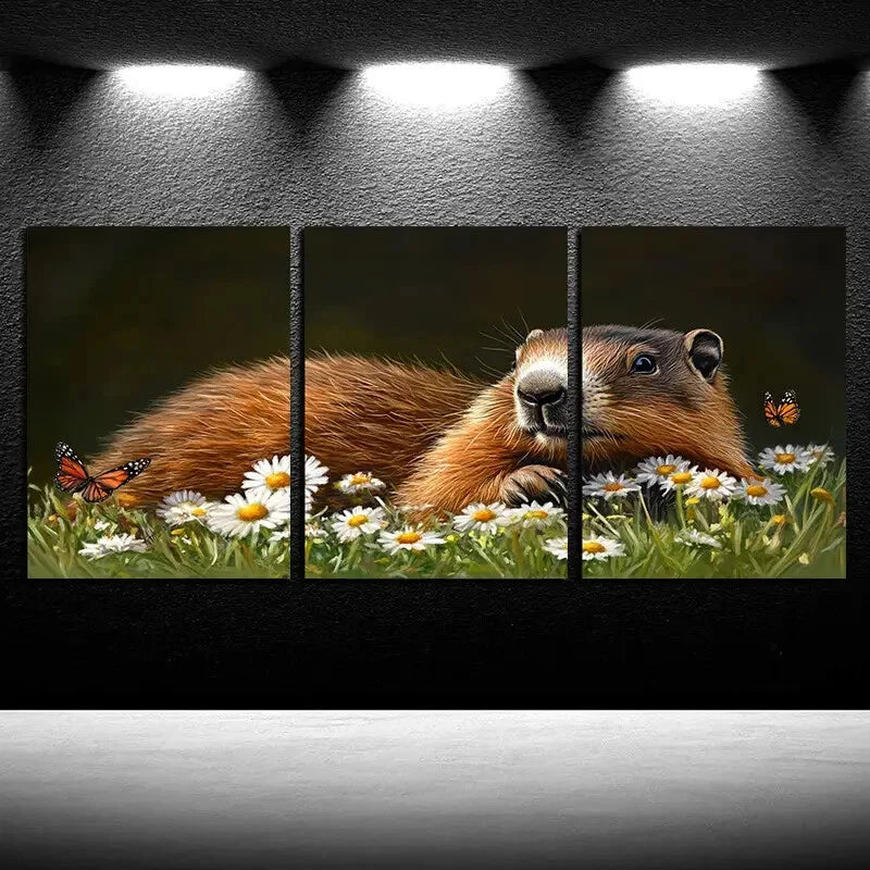 3pcs Vibrant Otter and Butterfly on Floral Bed Metal Print Ready to Hang Art