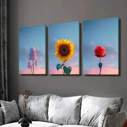 3pcs Purple Lilac Sunflower Rose and Fresh Sky Wall Art Set Canvas Unframed - High Quality Print 100% Australian Made Wall Canvas