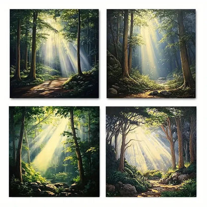 4pcs Serene Forest Sunlit Trees & Waterfall Wall Art Canvas Framed