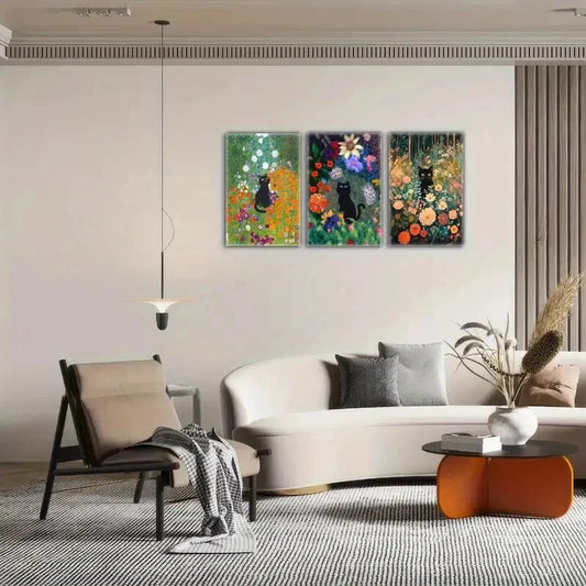 3pcs Cat and Flowers Vintage Black Cat Floral Art Metal Print Ready to Hang Art