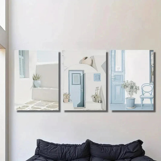 3pcs Santorini Island Blue Doors &amp; Porches Metal Print Ready to Hang Art