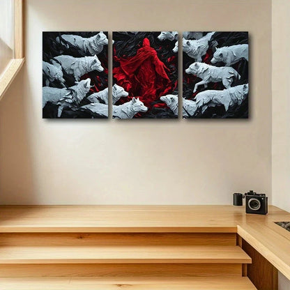 3pcs Striking White Wolves Surrounding Red Figure Metal Print Ready to Hang Art