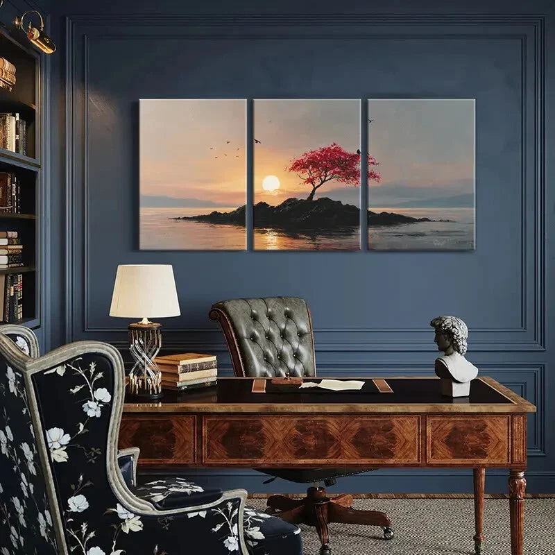 3pcs Sunset Solitude Red Tree Rocky Island Metal Print Ready to Hang Art