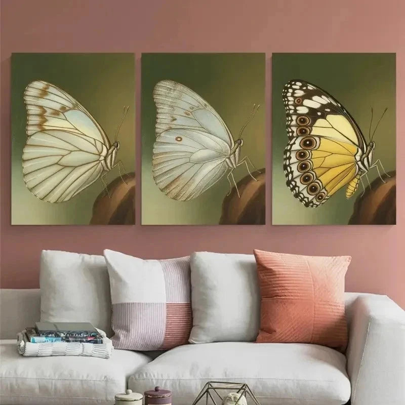 3pcs Butterfly, Neutral Tones     Wall Art Set Canvas Framed 60x90cm - High Quality Print 100% Australian Made Wall Canvas Ready to Hang