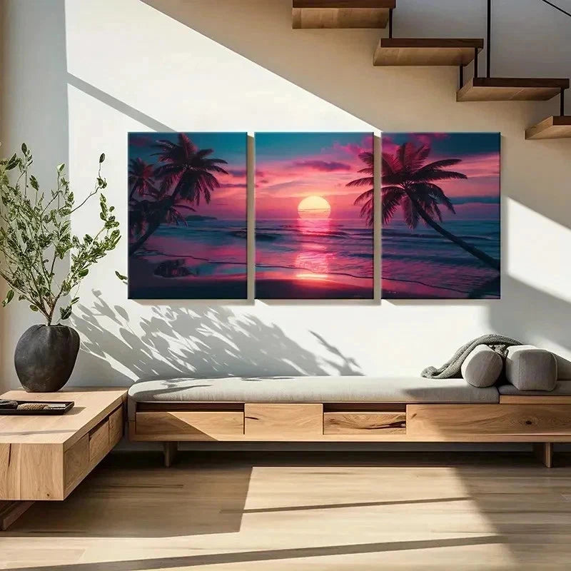 3pcs Sunset Seaside Beach Sea Vintage Wall Art Set Canvas Framed 40x60cm - High Quality Print 100% Australian Made Wall Canvas Ready to Hang
