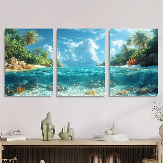 3pcs Tropical Island Coral Reef Blue Waters & Lush Metal Print Ready to Hang Art