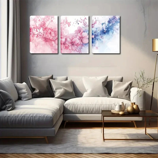 3pcs Pink Floral & Blue Watercolor Perfect Wall Art Set Canvas Framed 40x60cm - High Quality Print 100% Australian Made Wall Canvas Ready to Hang