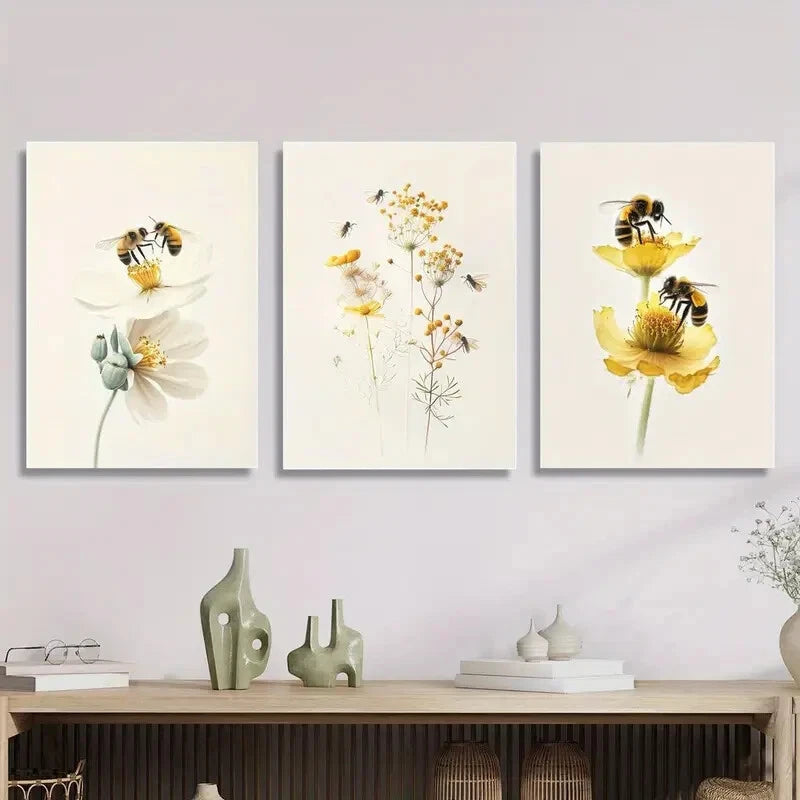3pcs Flowers And Bees, Watercolor Floral Insect Metal Print Ready to Hang Art