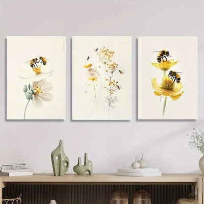 3pcs Flowers And Bees, Watercolor Floral Insect Metal Print Ready to Hang Art