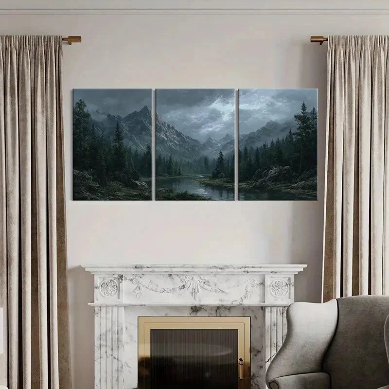 3pcs Mountain Landscape Forest Stream Dark Clouds Metal Print Ready to Hang Art