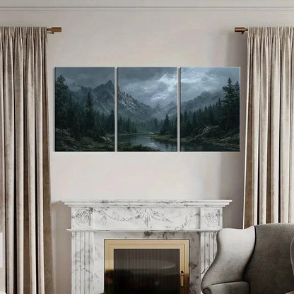 3pcs Mountain Landscape Forest Stream Dark Clouds Metal Print Ready to Hang Art