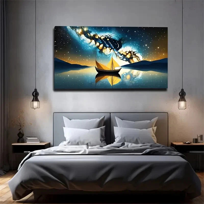 Magic Sky A Small Boat Wall Art Canvas Office Home Room Framed 120x60cm