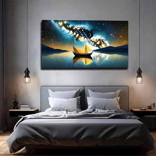 Magic Sky A Small Boat Wall Art Canvas Office Home Room Framed 120x60cm