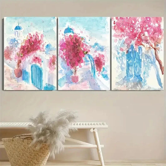 3pcs Santorini Greece Mediterranean Coastal Metal Print Ready to Hang Art