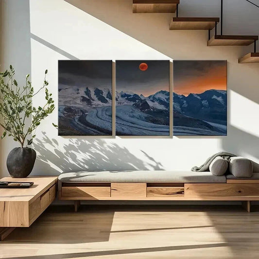 3pcs Red Moon and Snow Mountains Landscape Wall Art Set Canvas Framed 40x60cm - High Quality Print 100% Australian Made Wall Canvas Ready to Hang
