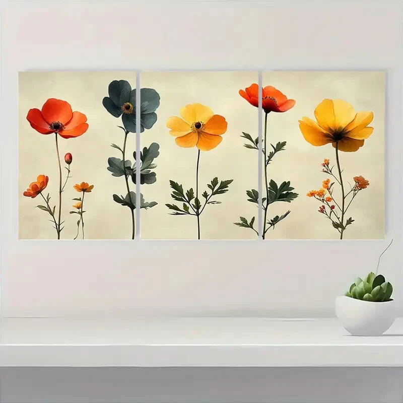 3pcs Vibrant Wildflower Botanical Illustrations Metal Print Ready to Hang Art