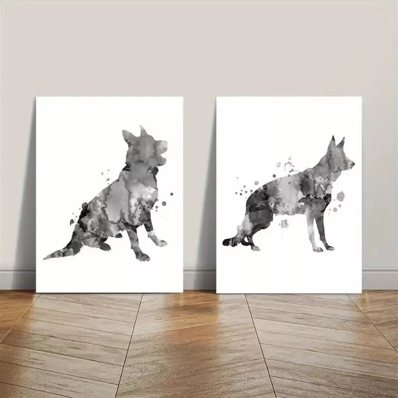 2pcs Black And White Ink Shepherd Dog Canvas Framed 50x75cm - High Quality Print 100% Australian Made Wall Canvas Ready to Hang - Bella Home Decor