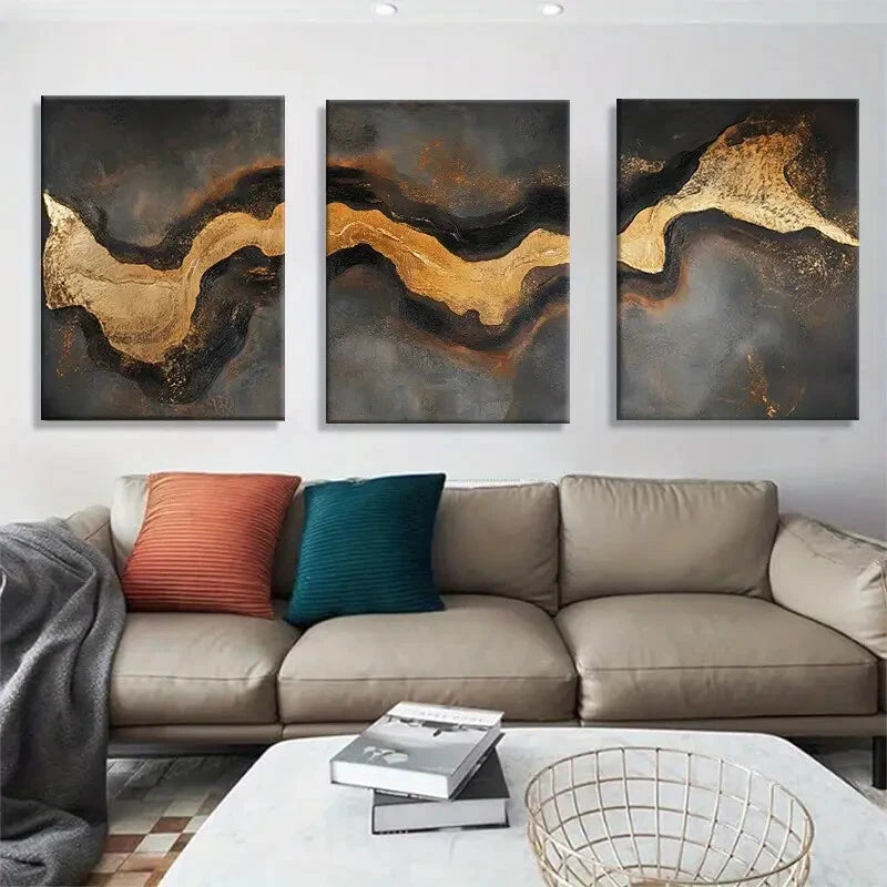 3pcs Abstracts Golden Black Themed Metal Print Ready to Hang Art