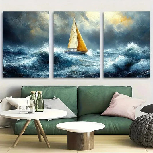 3pcs Boat Sailing Through Rough Seas Metal Print Ready to Hang Art