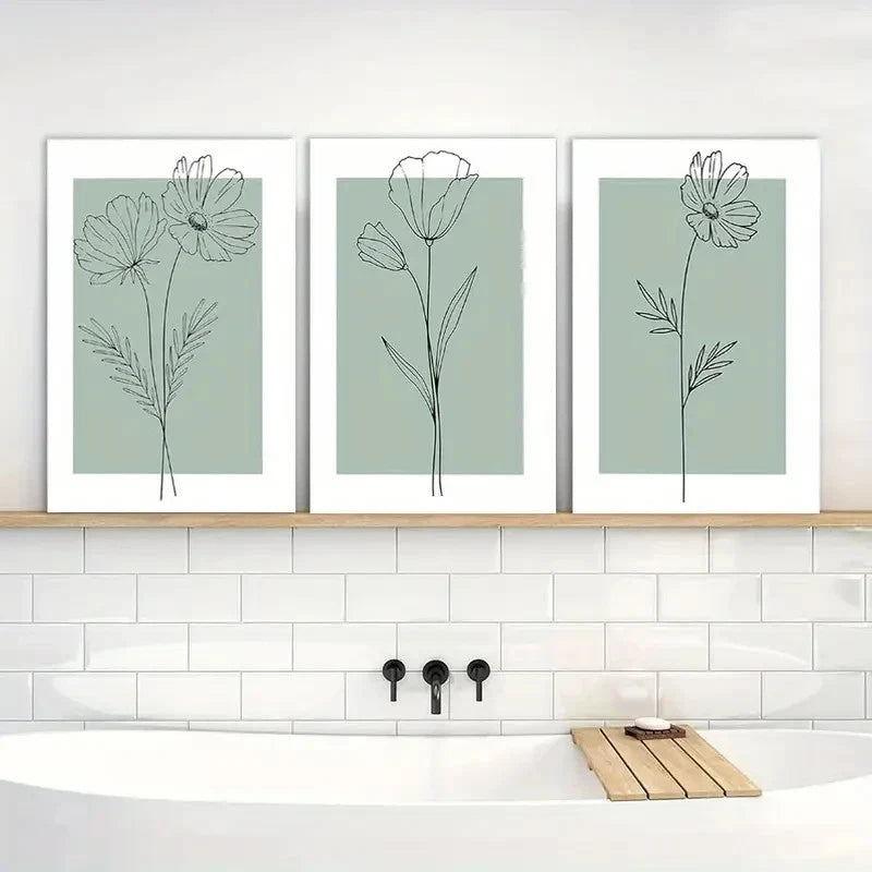 3pcs Minimalist Botanical Flower Paintings Metal Print Ready to Hang Art