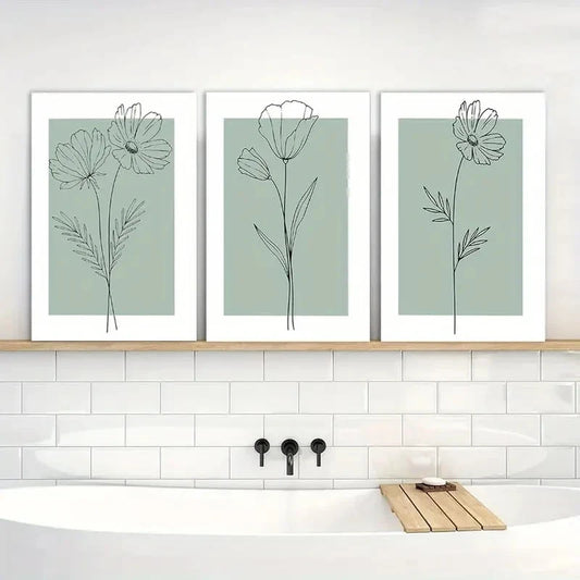 3pcs Minimalist Botanical Flower Paintings Metal Print Ready to Hang Art
