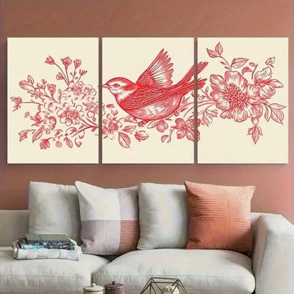 3pcs Vintage Folk Redwork Bird & Floral Print Metal Print Ready to Hang Art