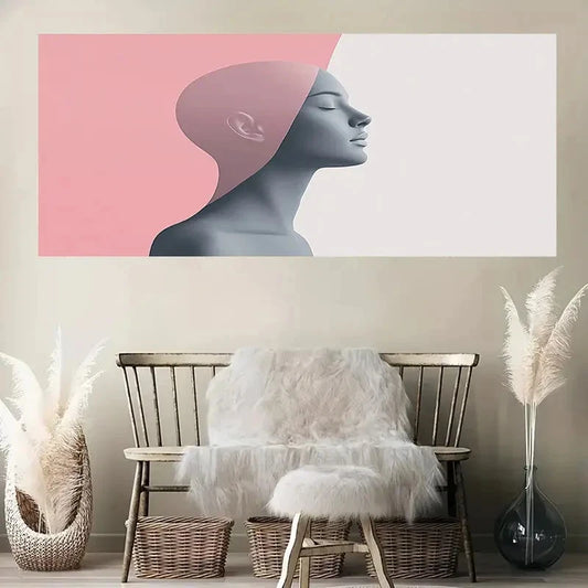 Minimalist Woman Profile Pink Wall Art Canvas Office Home Room Framed 120x60cm