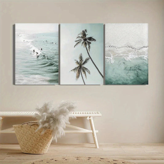 Three coastal-themed wall art pieces on a beige wall with a woven basket and decorative items below.