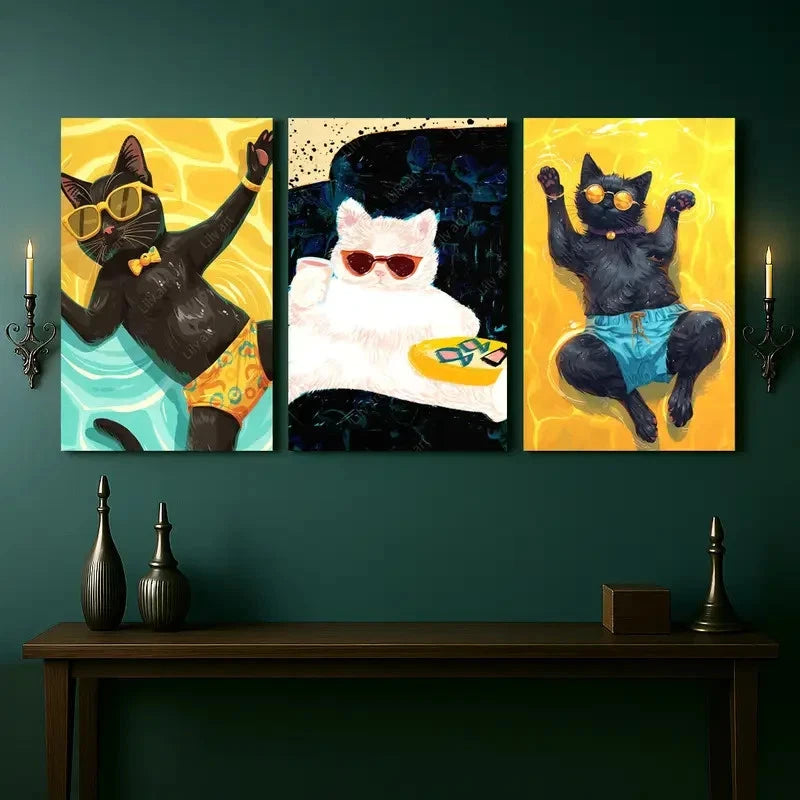 3pcs Fun Cat with Stylish Glasses and Swim Trunks Metal Print Ready to Hang Art