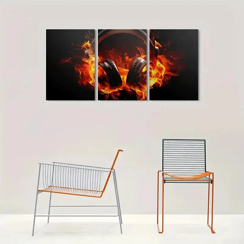3pcs Abstract Fire Vibrant Orange & Black Metal Print Ready to Hang Art